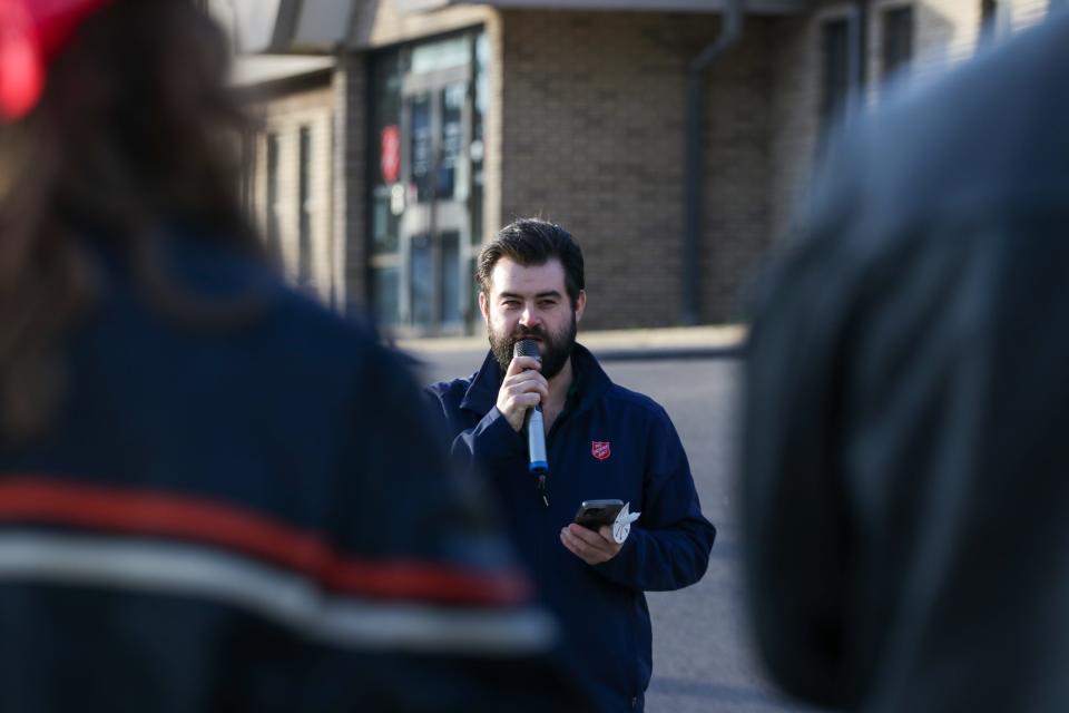 Briton Weise, program director for LUM Homeless Services speaks during the Homeless Person's Memorial vigil outside of the LTHC Homeless Service and the Salvation Army buildings, on Thursday, Dec. 21, 2023, in Lafayette, Ind.