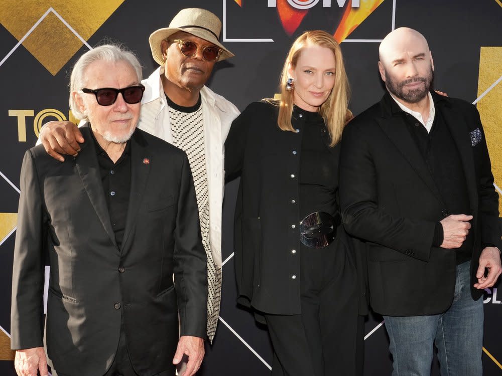 Die "Pulp Fiction"-Reunion (von l.): Harvey Keitel, Samuel L. Jackson, Uma Thurman und John Travolta. (Bild: Sthanlee B. Mirador/ddp/Sipa USA)