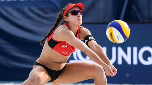 Canada's Melissa Humana-Paredes, pictured, and beach volleyball partner Sarah Pavan were swept 2-0 by Switzerland's Anouk Verge-Depre and Joana Heidrich in the semifinals of the Ostrava Beach Open on Saturday in the Czech Republic. They will play for a bronze medal Sunday. (Submitted by FIVB - image credit)