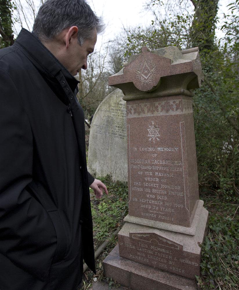Ian Dungavell the CEO of Highgate Cemetery looks at the grave grave of Dr Isachar Zacharie which stands lopsided amongst other decaying tombs in Highgate Cemetery in north London Thursday, Feb. 28, 2013. Zacharie, best known as Abraham Lincoln’s foot doctor, treating him and many members of the United States army during the US Civil War, died in London in 1900 and is buried in the same cemetery that also contains the remains of the philosopher Karl Marx . (AP Photo/Alastair Grant)