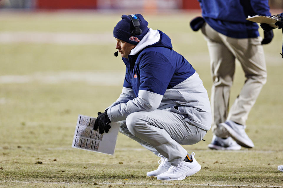 Ole Miss head Coach Lane Kiffin reacts on the sideline during a game against Arkansas on November 19, 2022 in Fayetteville, Arkansas. (Photo by Wesley Hitt/Getty Images)