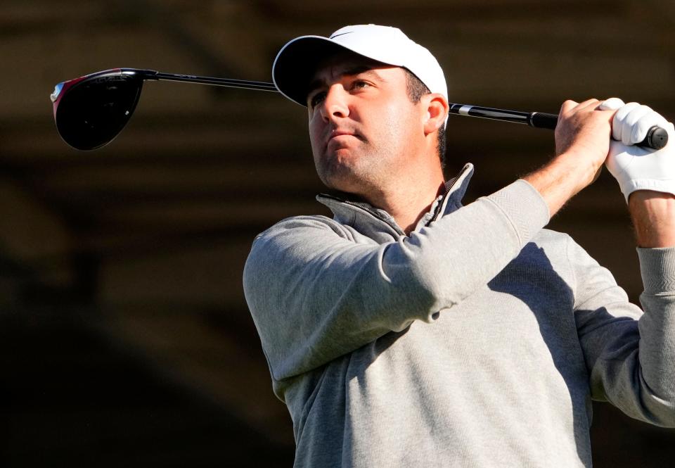 Feb 10, 2023; Scottsdale, AZ, USA; Scottie Scheffler plays his tee shot on the 10th hole during round two at TPC Scottsdale. Mandatory Credit: Rob Schumacher-Arizona Republic