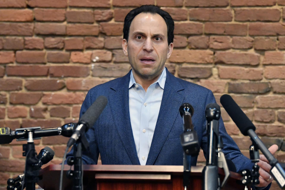 FILE - Louisville Democratic mayoral candidate Craig Greenberg speaks during a news conference in Louisville, Ky., Monday, Feb. 14, 2022. Louisville's mayoral race is taking place in a city roiled by racial tension, a spike in gun violence and deep misgivings many harbor about the Louisville police department. (AP Photo/Timothy D. Easley, File)