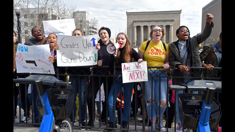 Baltimore students, seen outside of City Hall on Tuesday,&nbsp;participated in a walkout to protest gun violence in schools and the city. (Photo: Baltimore Sun via Getty Images)