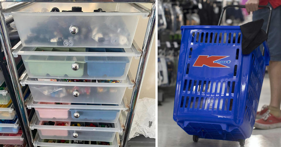 L: A set of drawers. R: Kmart basket being taken around the store