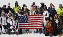 Alpine Skiing - Pyeongchang 2018 Winter Olympics - Women's Downhill - Jeongseon Alpine Centre - Pyeongchang, South Korea - February 21, 2018 - The U.S. team poses after the victory ceremony. REUTERS/Leonhard Foeger