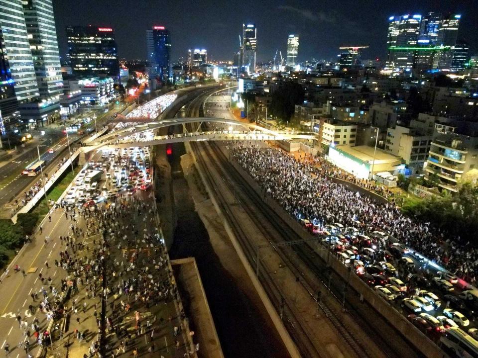 An aerial view of thousands of Israelis taking to the streets in response to Prime Minister Benjamin Netanyahuâs surprise sacking of his defense minister Yoav Gallant in Tel Aviv, Israel on March 26, 2023.