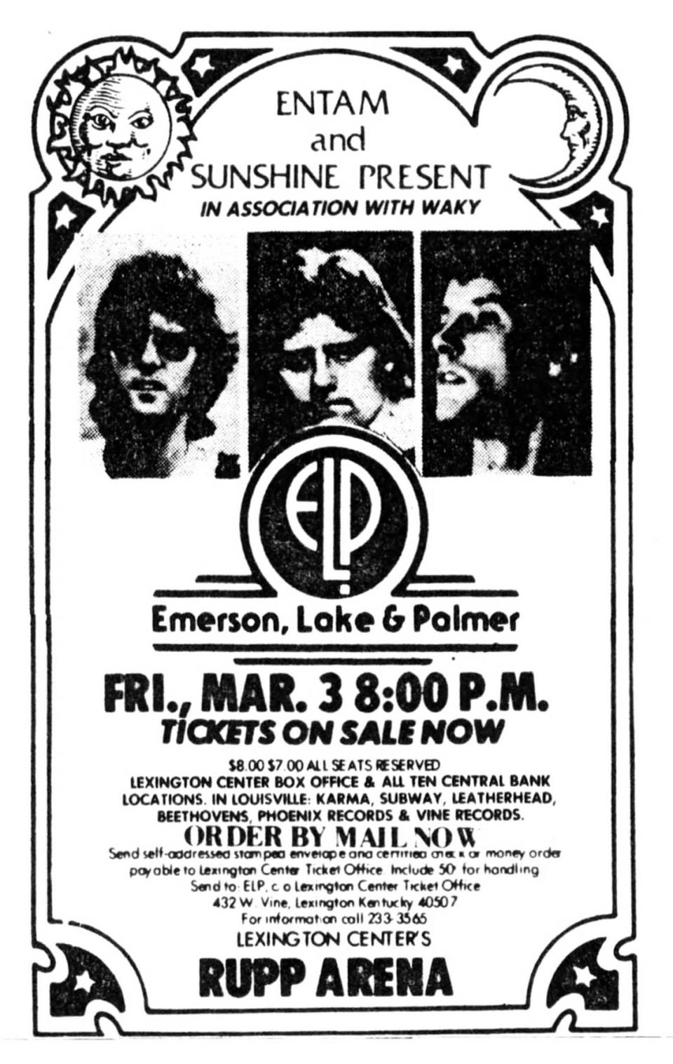 Emerson, Lake & Palmer last played Lexington on March 3, 1978, when they appeared at Rupp Arena.