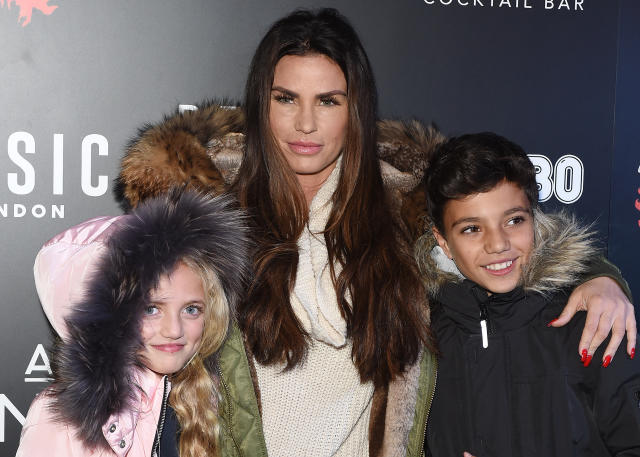 CRAWLEY, WEST SUSSEX - OCTOBER 06:  Katie Price attends the 'Shocktober' press night with her children Princess (L) and Junior (R) at Tulleys Farm on October 6, 2017 in Crawley, West Sussex.  (Photo by Tabatha Fireman/Getty Images)