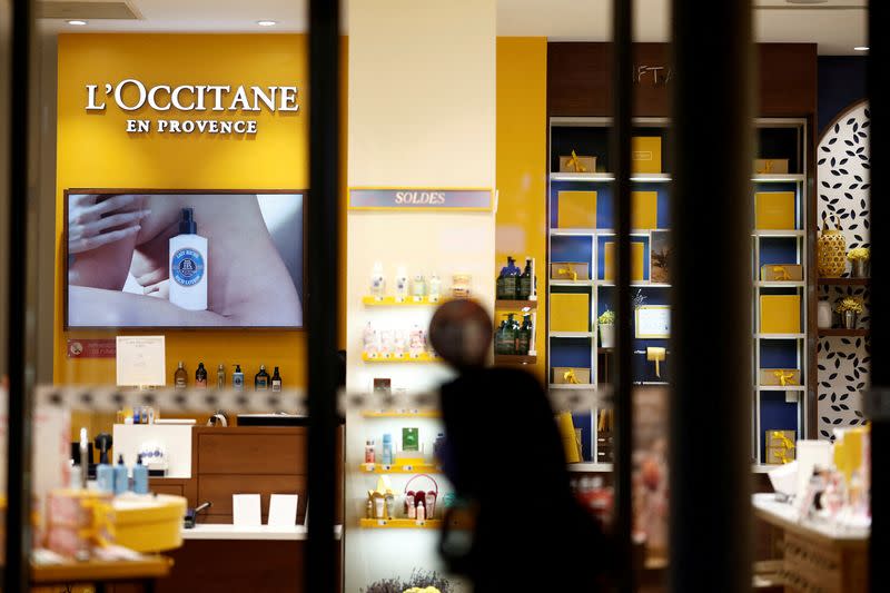 FILE PHOTO: Cosmetic products displayed in the window of a L’Occitane cosmetics store in central Paris
