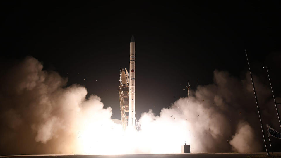 In this photo released by Israel Ministry of Defense Spokesperson's Office, the "Ofek 16" reconnaissance satellite blasts off at the Palmachim air base in central Israel Monday, July 6, 2020. The new satellite, which quickly entered orbit, joins a collection of spy satellites that Israel has deployed in recent years. (Israel Ministry of Defense Spokesperson's Office via AP)