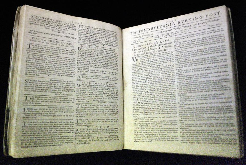 In this Thursday, June 28, 2012 photo is the first newspaper printing of the Declaration of Independence on July 6, 1776 in The Pennsylvania Evening Post, according to Scott Stephenson. This artifact and others hidden treasures will remain under wraps in their anonymous location until late 2015, when The Museum of the American Revolution is scheduled to open in Philadelphia's historic district. (AP Photo/Brynn Anderson)