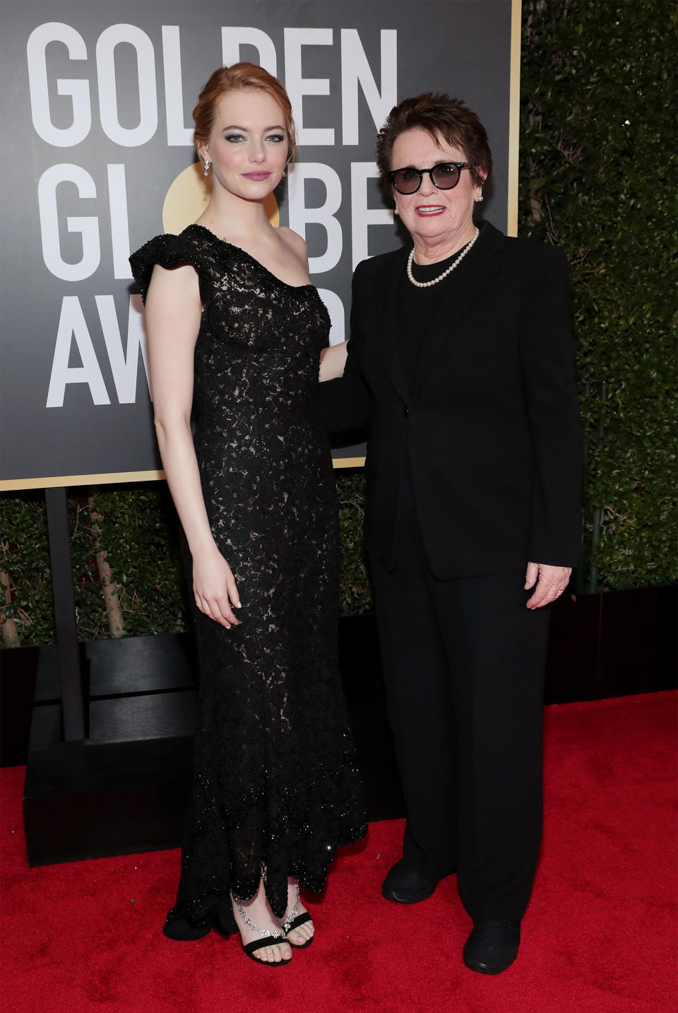 Actor Emma Stone and tennis player Billie Jean King arrive to the 75th Annual Golden Globe Awards held at the Beverly Hilton Hotel on Jan. 7, 2018.