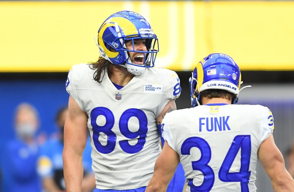 Rams tight end Tyler Higbee celebrates his touchdown against the Tampa Bay Buccaneers.