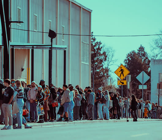 Conventioneers line up outside the National Western Complex for the largest ThriftCon to date.