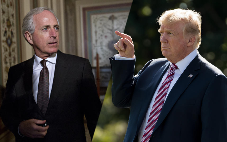 Bob Corker, Donald Trump. (Photos: Andrew Harrer/Bloomberg via Getty Images, Drew Angerer/Getty Images)