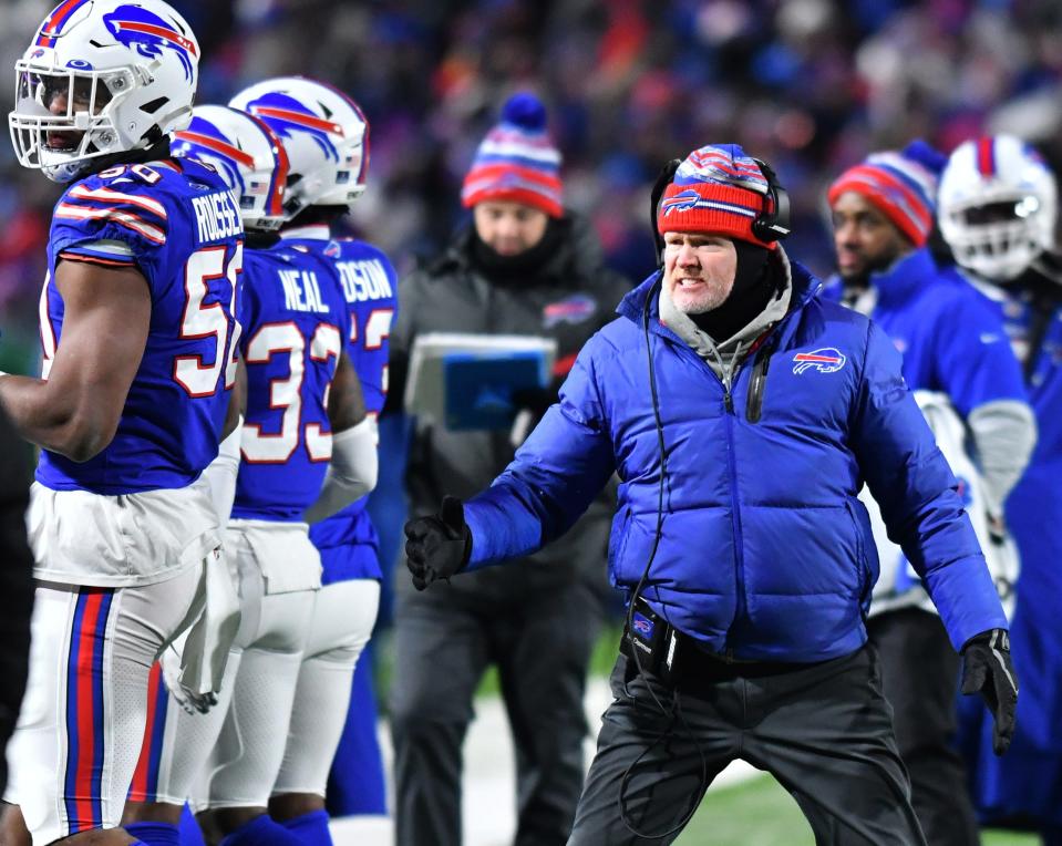 Buffalo Bills head coach Sean McDermott during the fourth quarter of the AFC Wild Card playoff game against the New England Patriots at Highmark Stadium. The Bills won the game 47-17.