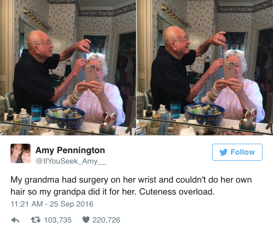 A Photo of a Grandpa Doing His Wife's Hair Went Viral on Twitter.