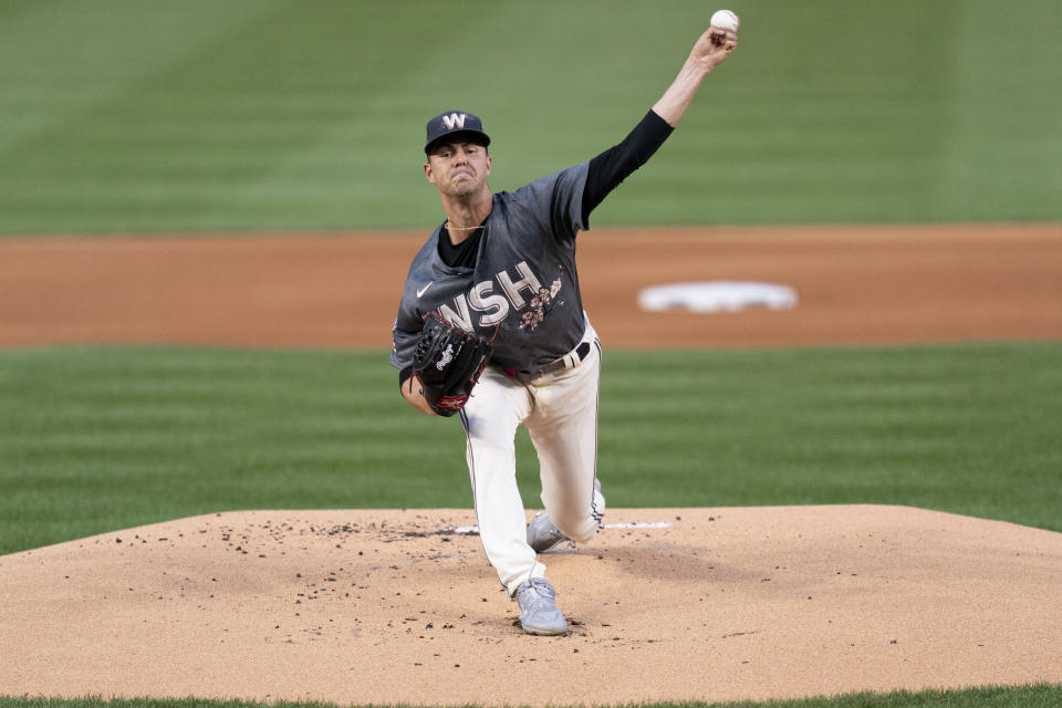 Washington Nationals starting pitcher MacKenzie Gore delivers during the first inning of a baseball game against the Los Angeles Dodgers, Friday, Sept. 8, 2023, in Washington. (AP Photo/Stephanie Scarbrough)