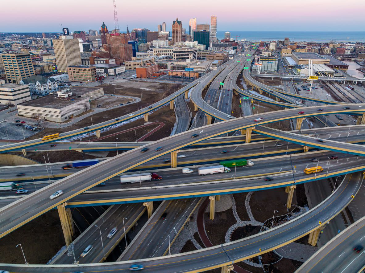 Aerial View of Downtown Milwaukee at Dusk Massive Highway Interchange