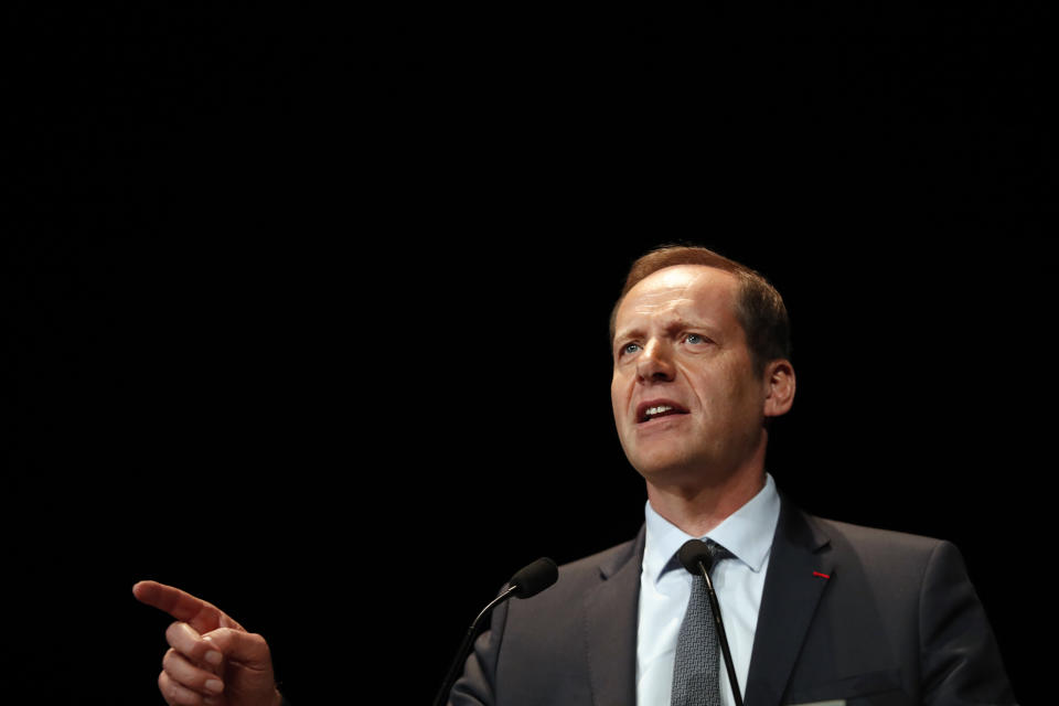 Tour de France director Christian Prudhomme delivers a speech during the presentation of the Tour de France 2020 cycling race, in Paris, Tuesday Oct. 15, 2019. The 107th edition of the race starts on June 27 2019 to end on the Champs-Elysees avenue on July 19. (AP Photo/Thibault Camus)