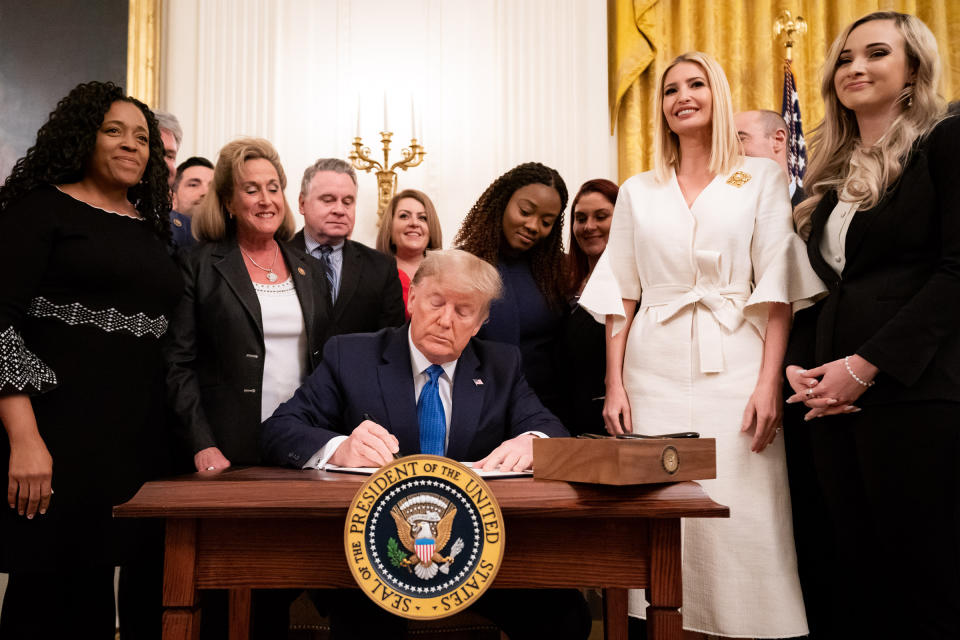 President Donald J. Trump signs an Executive Order for Combating Human Trafficking and Online Child Exploitation in the United States, at the White House Summit on Human Trafficking on Jan. 31, 2020.<span class="copyright">Sipa</span>