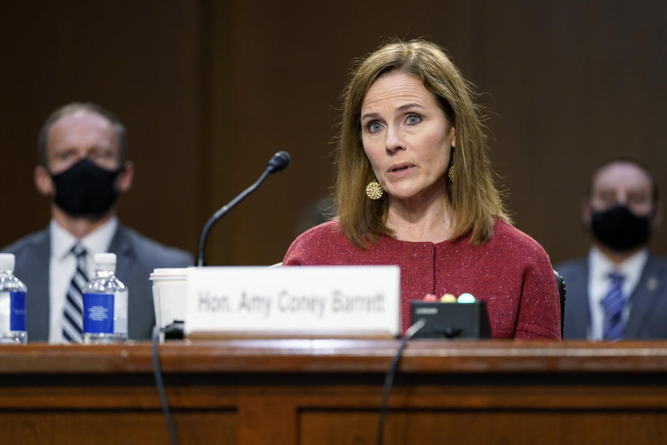 Despite comments by Republicans to the contrary, Democratic members of the Senate Judiciary Committee have shied away from pressing Supreme Court nominee Amy Coney Barrett about the impact her Catholicism might have on her rulings. Barrett is shown here at Tuesday's confirmation hearing before the panel. (Photo: (AP Photo/Patrick Semansky, Pool))