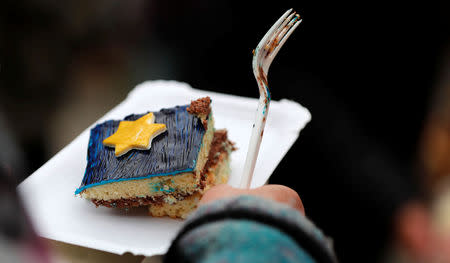 A piece of cake is pictured during an election campaign rally for the upcoming European Parliament elections in Quedlinburg, Germany, May 4, 2019. Picture taken May 4, 2019. REUTERS/Fabrizio Bensch