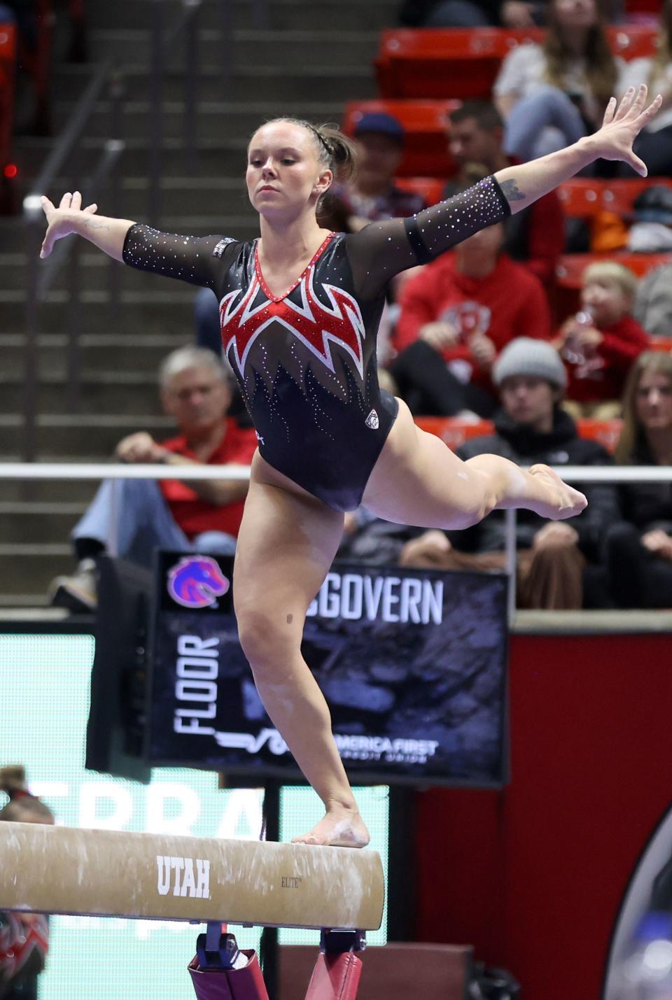 Utah’s Maile O’Keefe performs a perfect 10 beam routine while competing against Boise State in a gymnastics meet at the Huntsman Center in Salt Lake City on Friday, Jan. 5, 2024. The Utah Red Rocks won. | Kristin Murphy, Deseret News