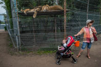 <p>Der Fotografin war es wichtig, auch die Besucher der Zoos vor die Linse zu bekommen. Ihre Reaktionen auf die Tiere zeigen oftmals eine tiefere Ebene. So wie hier: Diese Besucherin schaut sich gelangweilt um, während sich neben ihr zwei Löwen eine Ruhepause gönnen. (Bild: Jo-Anne McArthur/Caters) </p>