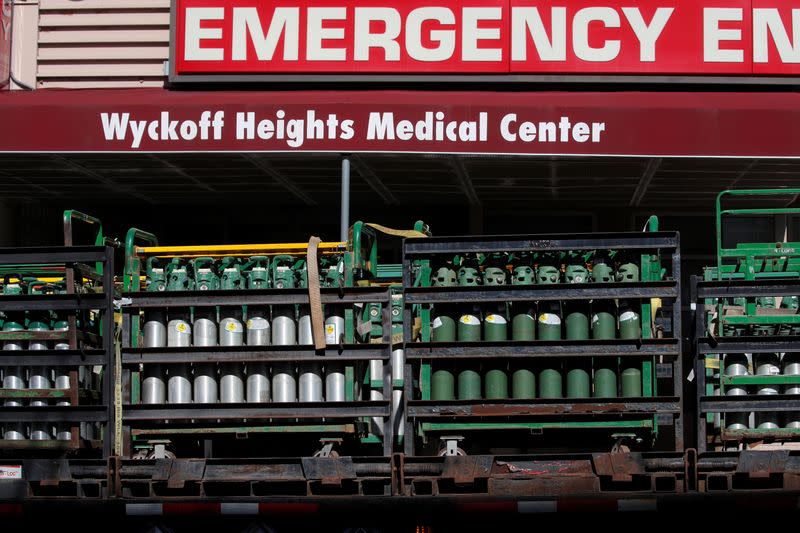 FILE PHOTO: Crates of Oxygen containers are seen stored outside Wyckoff Heights Medical Center during outbreak of coronavirus disease (COVID-19) in New York