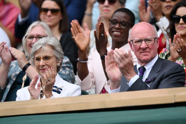 <p>Karwai Tang/WireImage</p> Birgitte, Duchess of Gloucester and Ian Hewitt attend day three of Wimbledon at All England Lawn Tennis and Croquet Club on July 05, 2023.