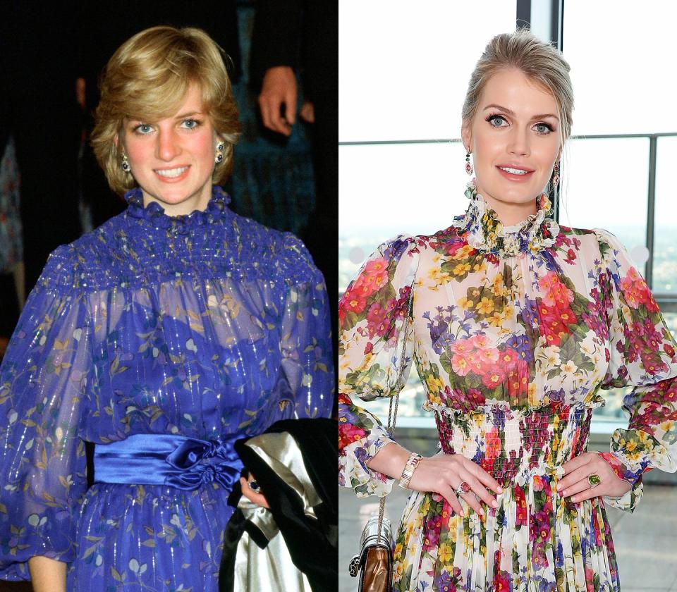 <p>Diana was photographed in a flouncy, printed dress after delivering a speech (in Welsh!) in Cardiff; decades later, Lady Kitty Spencer chose a look in the same vein for a Bulgari event. </p>