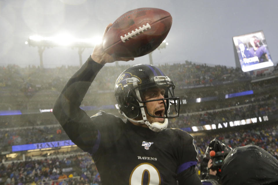 Baltimore Ravens kicker Justin Tucker (9) celebrates after making a game winning field goal against the San Francisco 49ers in an NFL football game, Sunday, Dec. 1, 2019, in Baltimore, Md. Ravens won 20-17. (AP Photo/Julio Cortez)