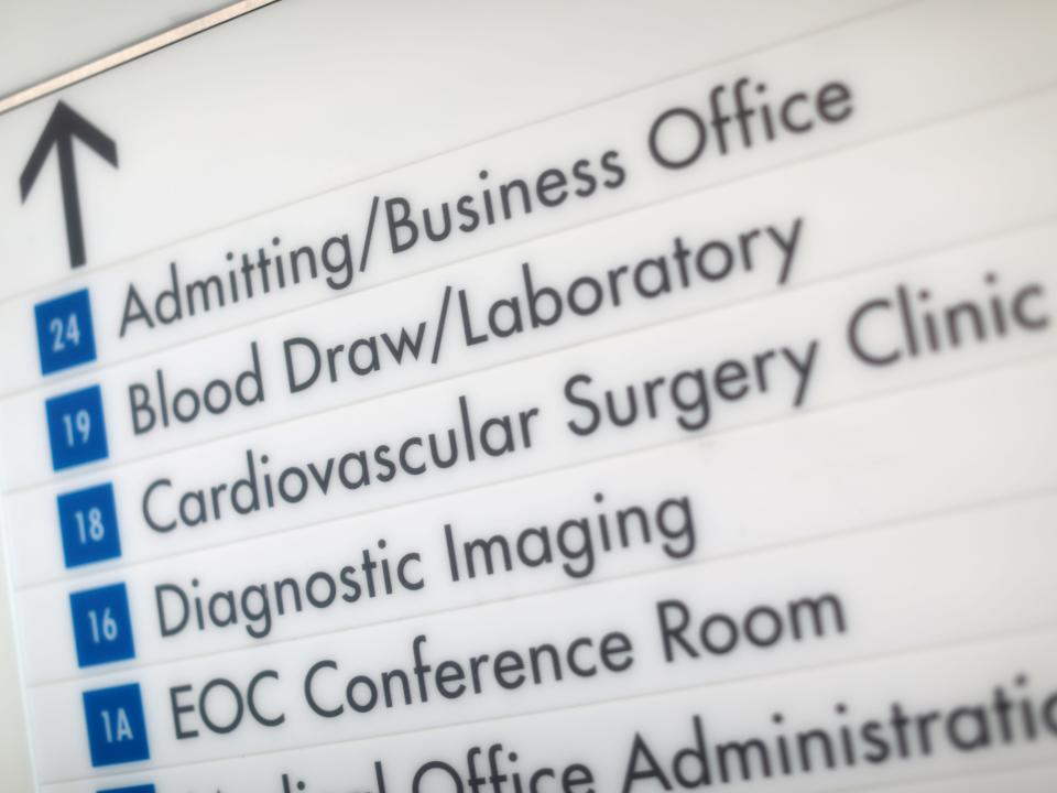 A sign of different offices and clinics in a Kaiser Permanente hospital in San Diego, California.