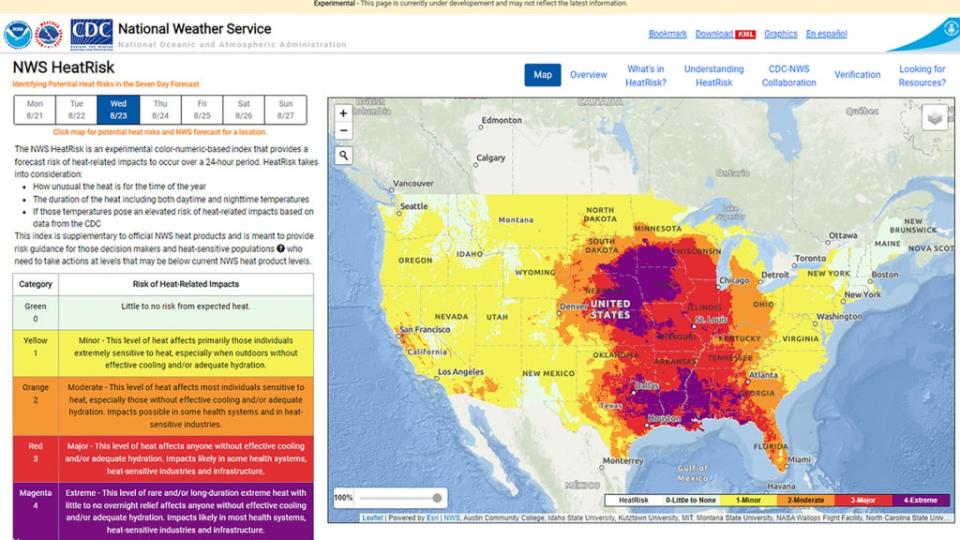 This is NOAA’s NWS experimental HeatRisk tool website for the contiguous U.S., where NWS forecasts are combined with CDC heath-heat data to identify potentially dangerous heat. NOAA