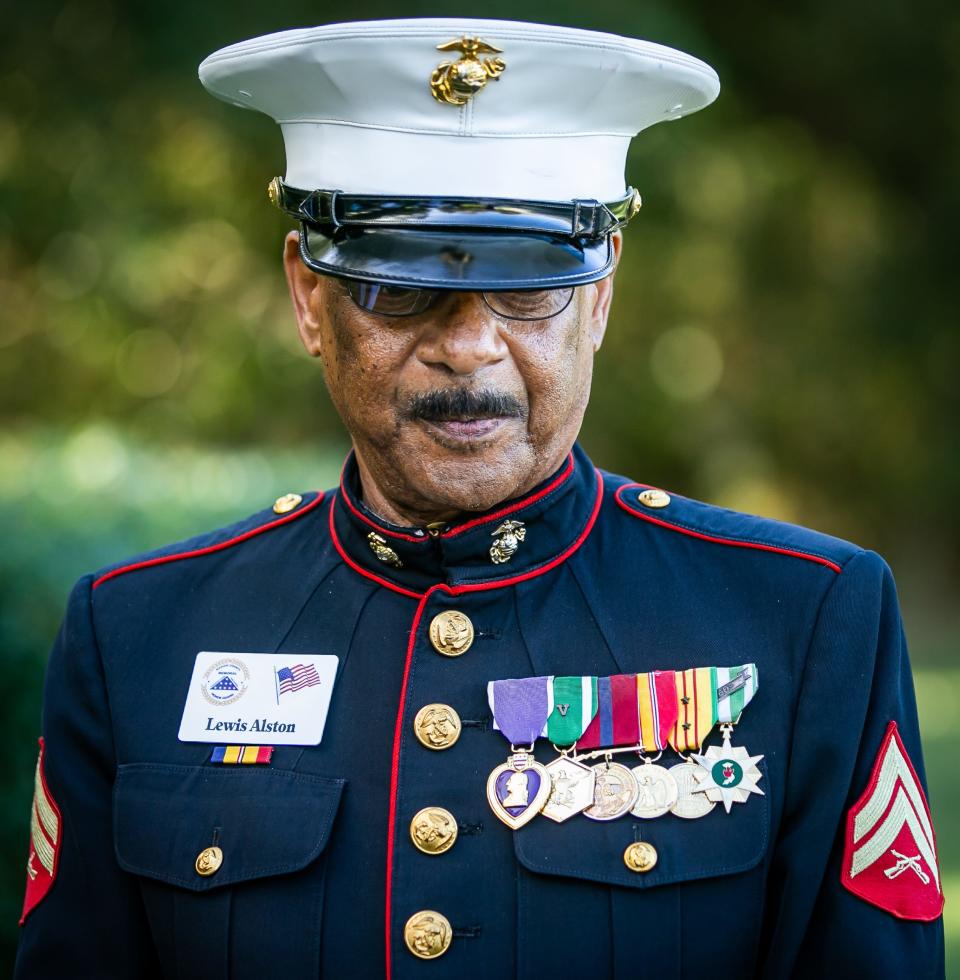 Lewis Alston, a Marine and a member of the Marion County Memorial Honor Guard, prepares for a memorial ceremony at the Florida National Cemetery in Bushnell for Marine Master Sgt. Jeffrey Kochen, 67, of Ocala, Friday afternoon, December 17, 2021.
