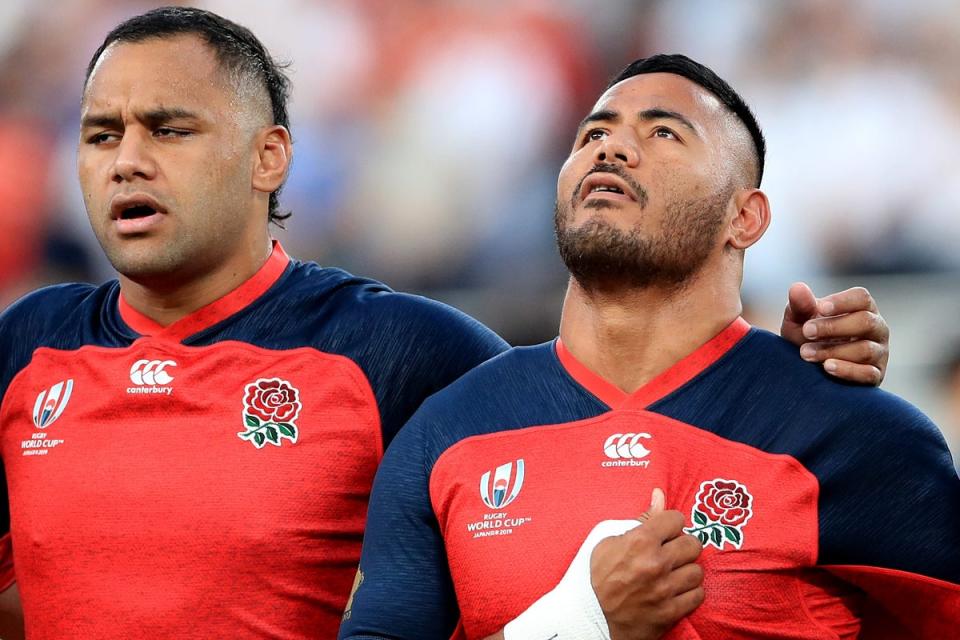 Left to right, England’s Sam Underhill, Billy Vunipola, Manu Tuilagi, Jamie George and Elliot Daly line up before the 2019 Rugby World Cup Pool C match at Tokyo Stadium. (PA Archive)