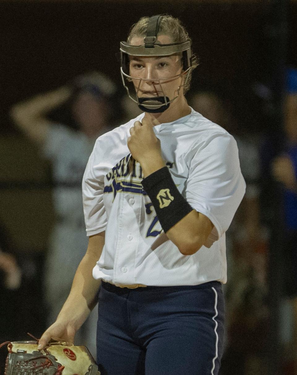 University Christian pitcher Sophia Kardatzke (24) reacts after giving up a three run home run during the fifth inning against The First Academy in the FHSAA State 2A State Championship game at the Legends Way Ball Fields in Clermont Wednesday night. May 25, 2022. [Michael Wilson/Special to the Times-Union]