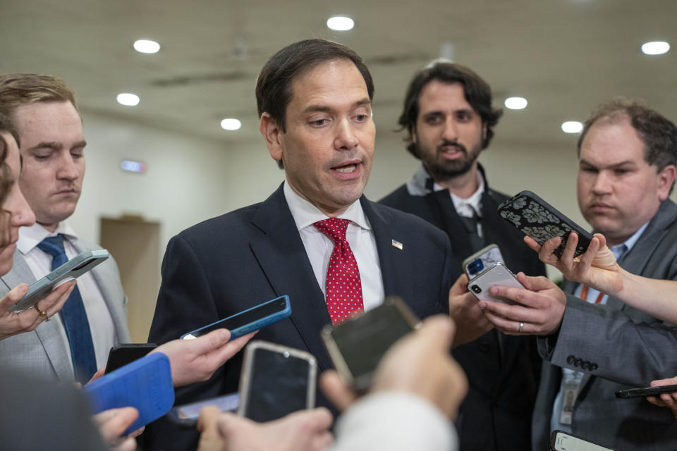 Sen. Marco Rubio, R-Fla.,speaks to reporters after attending a closed door briefing about leaked highly classified military documents, Wednesday, April 19, 2023, on Capitol Hill in Washington. (AP Photo/Jacquelyn Martin)