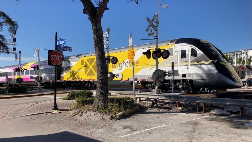 Brightline high-speed passenger train travels through Fort Pierce, Fla., Friday, Sept. 22, 2023.