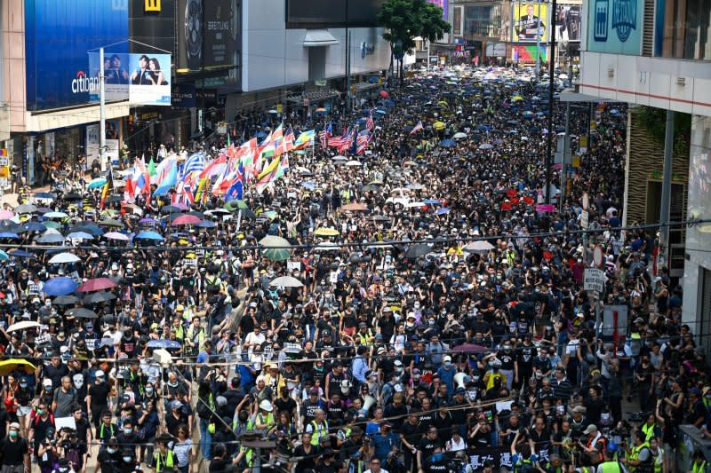 Hong Kong police Thursday said they have arrested 10 pro-democracy activists for alleged conspiracy to endanger national security. They were active in a now-defunct fund that supported 2019 protesters seen in this photo demonstrating against a proposed extradition law. File Photo by Thomas Maresca/UPI