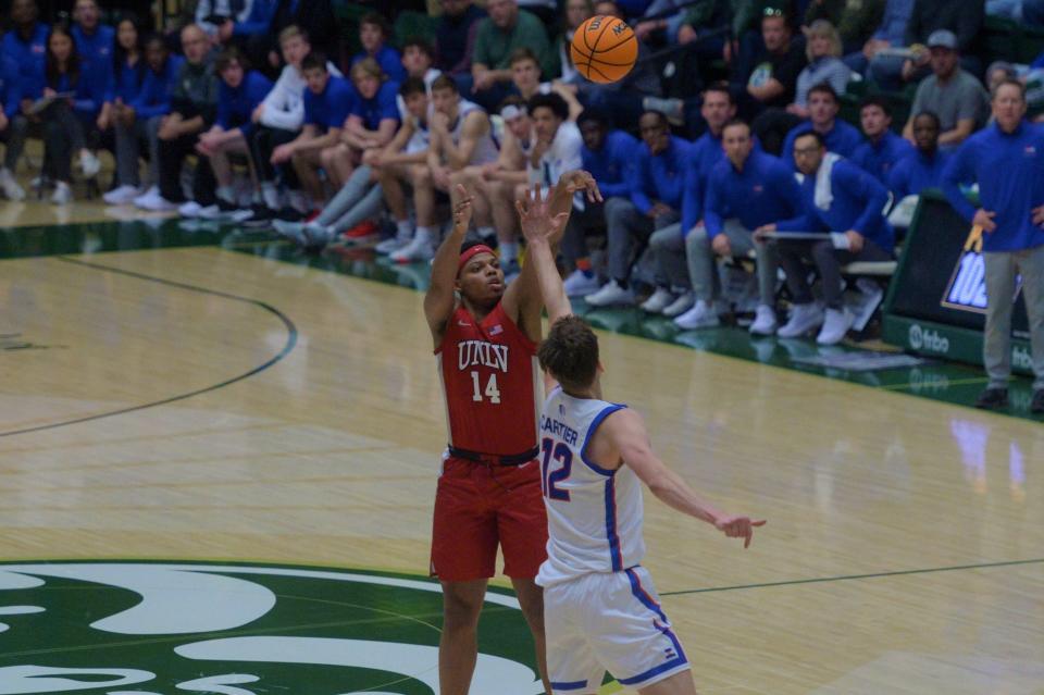 UNLV men's basketball player Keyshawn Hall shoots during a game against Colorado State at Moby Arena on Tuesday, Jan. 31, 2023.