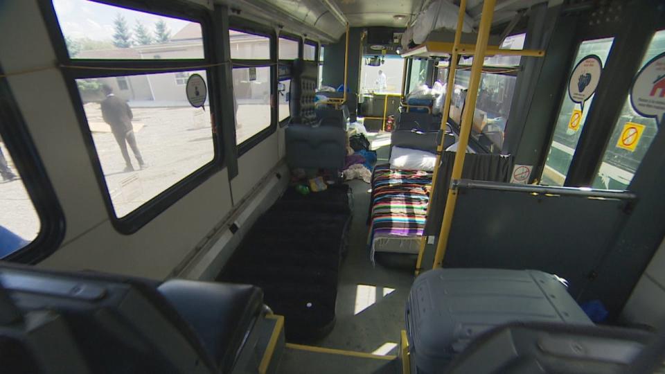 Inside one of the buses Miracle Arena Canada is using to house refugees who have nowhere to go.