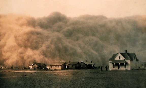 The drought in 1934 was probably made worse by poor agricultural practices at the time. The practices likely contributed to this dust storm that immersed Stratford, Texas, in 1935.