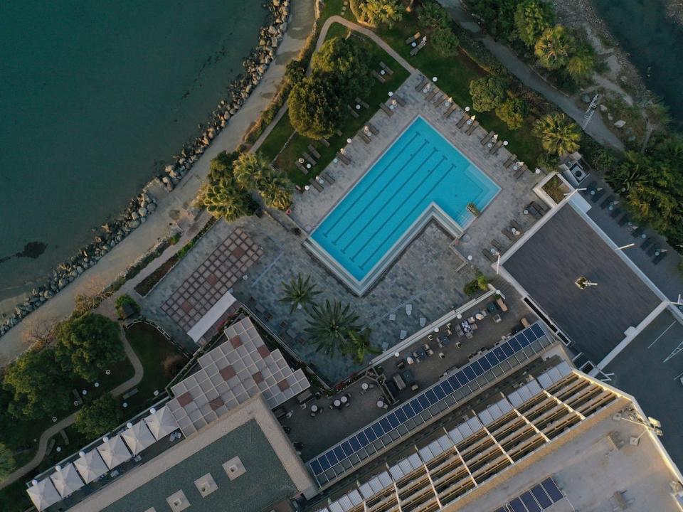 Top view of the Crowne Plaza Limassol Hotel in Limassol. Cyprus.