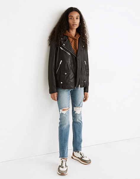 6) Washed Leather Oversized Motorcycle Jacket