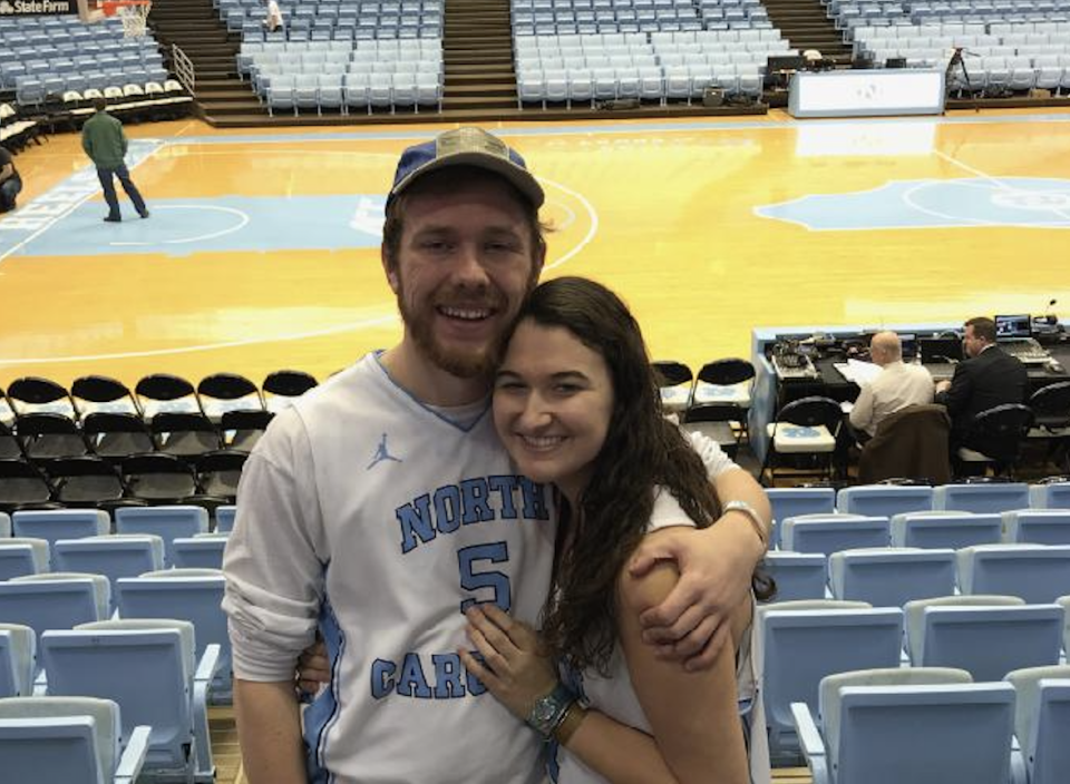 North Carolina&#39;s matchup against rival Duke will be on at the wedding reception of Grace Smith (right) and Trent Brown this weekend. 