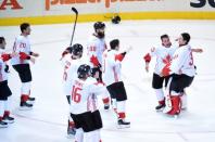 Sep 29, 2016; Toronto, Ontario, Canada; Team Canada players celebrate on the ice after defeating Team Europe 2-1 in game two of the World Cup of Hockey final to win the tournament at Air Canada Centre. Mandatory Credit: Dan Hamilton-USA TODAY Sports