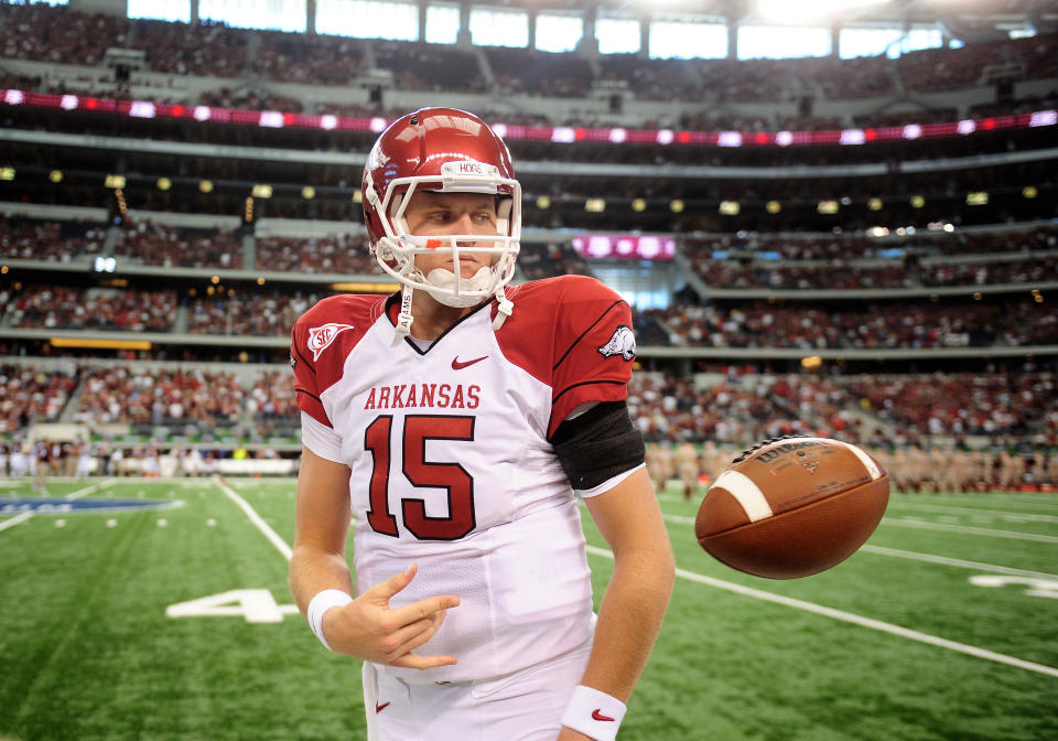 Oct. 9, 2010; Arlington, TX, USA; Arkansas Razorbacks quarterback (15) Ryan Mallett in the first half against the Texas A&M Aggies at Cowboys Stadium. Mandatory Credit: Mark J. Rebilas-USA TODAY Sports